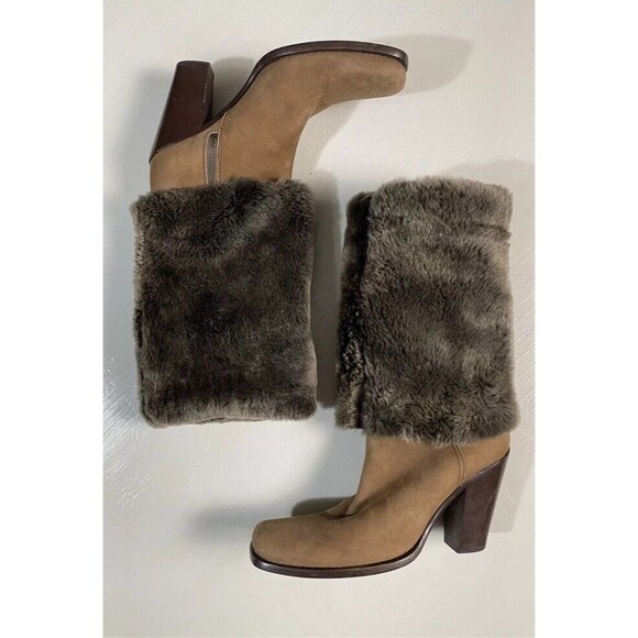 PRADA MIU MIU Brown Suede & Shearling Lining Tall Winter Heel Boots Women Sz 36 - Picture 3 of 10